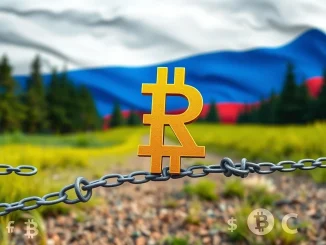 A digital ruble symbol behind a barrier, symbolizing Russia's tightening crypto regulations and centralized financial control.