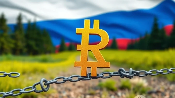A digital ruble symbol behind a barrier, symbolizing Russia's tightening crypto regulations and centralized financial control.