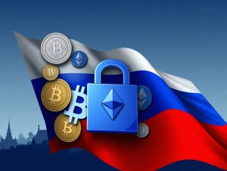 A digital lock over cryptocurrency symbols, representing tightening Russia Crypto Regulations and P2P Crypto Freezes in Russia.