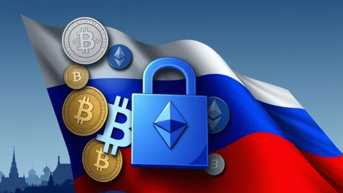 A digital lock over cryptocurrency symbols, representing tightening Russia Crypto Regulations and P2P Crypto Freezes in Russia.