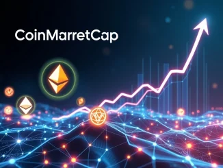 A digital representation of Ruvi AI's growth potential after its CoinMarketCap partnership, featuring crypto symbols and AI elements.