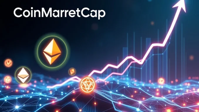 A digital representation of Ruvi AI's growth potential after its CoinMarketCap partnership, featuring crypto symbols and AI elements.