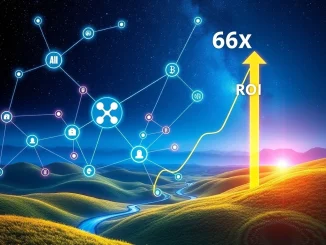 A digital chart illustrating the projected 66x ROI for Ruvi AI, with XRP's blockchain influence in the background, symbolizing market impact for this AI token.
