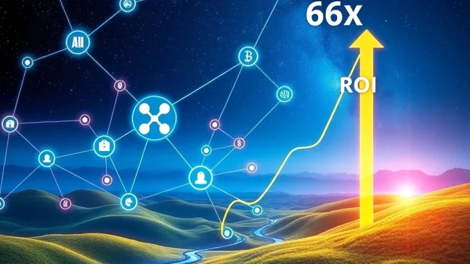 A digital chart illustrating the projected 66x ROI for Ruvi AI, with XRP's blockchain influence in the background, symbolizing market impact for this AI token.