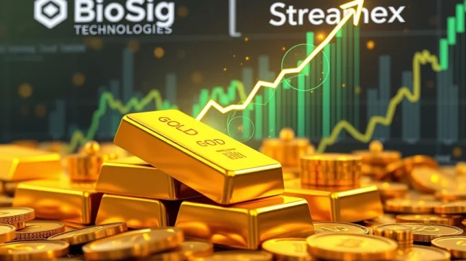 BioSig Technologies and Streamex logos merging over a graphic depicting RWA tokenization of gold, symbolizing the pioneering merger in blockchain finance.