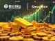 BioSig Technologies and Streamex logos merging over a graphic depicting RWA tokenization of gold, symbolizing the pioneering merger in blockchain finance.