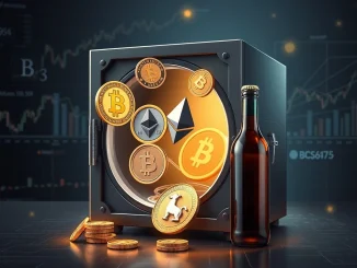 Safety Shot's strategic BONK investment is symbolized by a secure digital treasury vault filled with cryptocurrency assets.