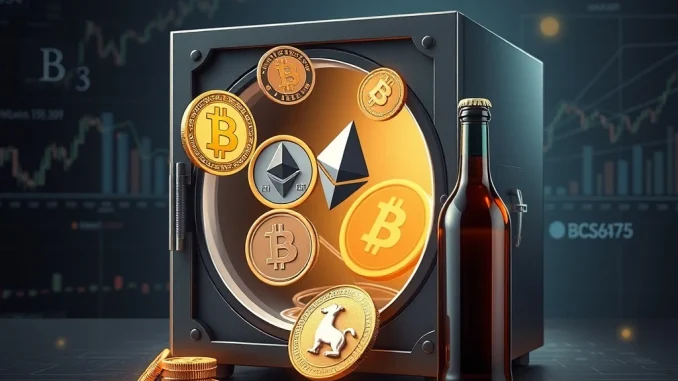 Safety Shot's strategic BONK investment is symbolized by a secure digital treasury vault filled with cryptocurrency assets.