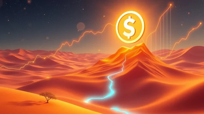 A digital visualization of the SAHARA token symbol soaring upwards on a chart, representing its explosive growth driven by new crypto exchange listings and DeFi ecosystem expansion.