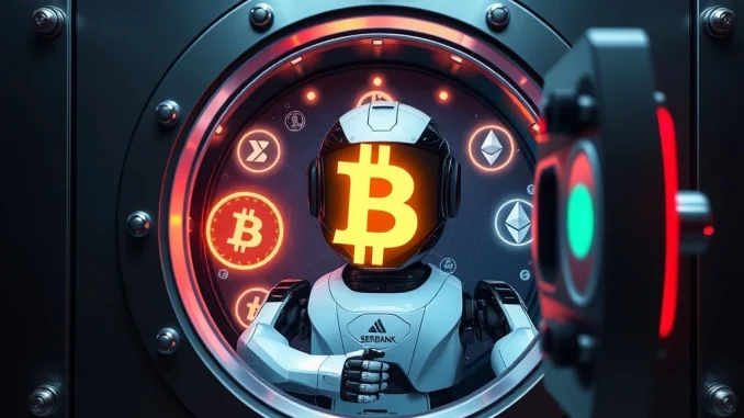 Sberbank's new crypto custody service securing Russian digital assets, depicted as a secure digital vault.