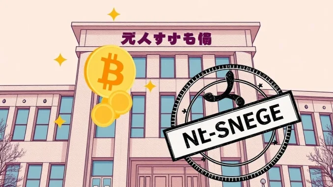SBI Holdings Debunks Crypto ETF Filing Rumors in Japan SBI Holdings building in Japan with crypto symbols, representing the company's crucial clarification on crypto ETFs.