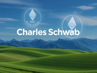 Charles Schwab logo alongside Bitcoin and Ethereum symbols, representing the firm's new Schwab crypto trading services for investors.