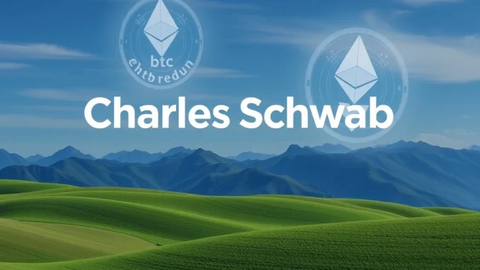 Charles Schwab logo alongside Bitcoin and Ethereum symbols, representing the firm's new Schwab crypto trading services for investors.