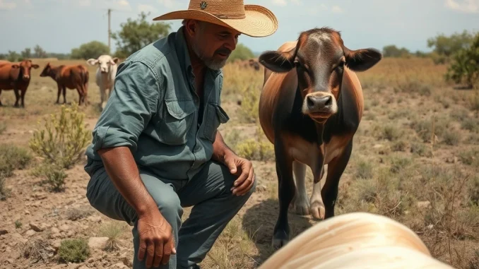 Urgent Screwworm Crisis: Texas Farmers Battle Devastating Parasite as Sterilization Efforts Lag A Texas farmer inspecting livestock amidst the urgent screwworm crisis, highlighting the devastating impact of the parasite.
