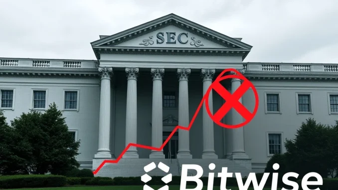 Visualizing the SEC's suspension of the Bitwise Crypto Index ETF conversion, highlighting regulatory hurdles for crypto ETFs.
