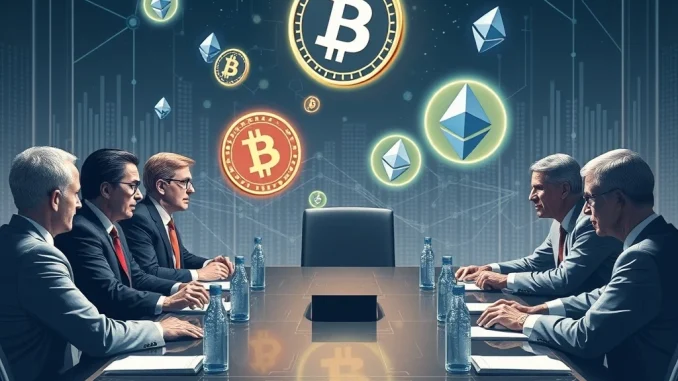 SEC and CFTC officials discussing crypto ETF futures framework with Bitcoin in the background