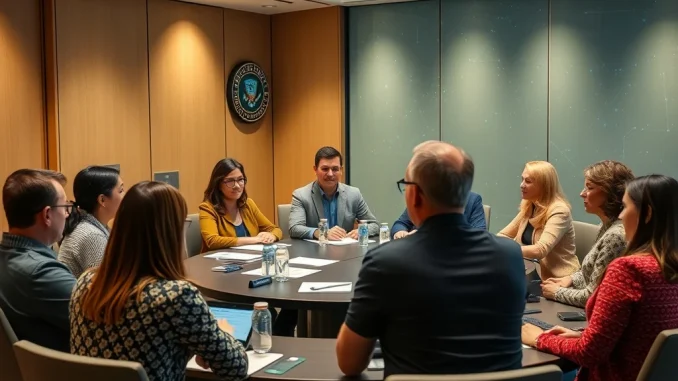 SEC Crypto Task Force members engaging with early-stage crypto project founders at a regulatory roundtable, fostering dialogue on crypto regulation.