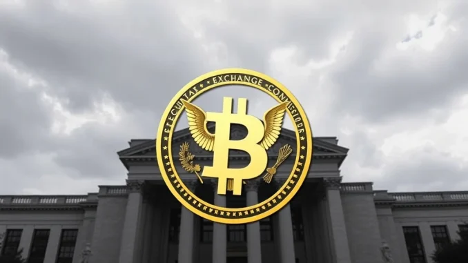 SEC building with Bitcoin logo representing regulatory review of Truth Social Bitcoin ETF
