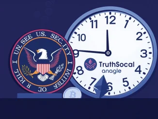U.S. SEC delays Truth Social Bitcoin and Ethereum ETF decision, symbolizing regulatory scrutiny.