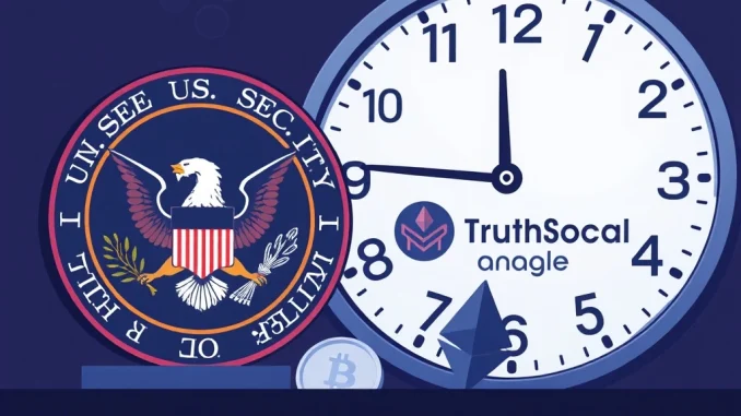 U.S. SEC delays Truth Social Bitcoin and Ethereum ETF decision, symbolizing regulatory scrutiny.