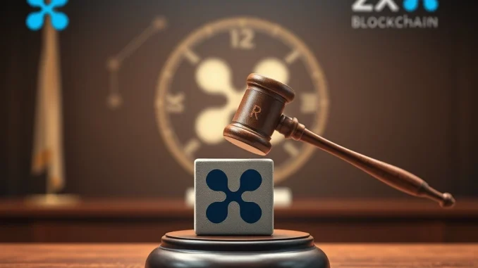 A gavel symbolizes the Second Circuit's crucial dismissal approval in the SEC v. Ripple case, impacting XRP.