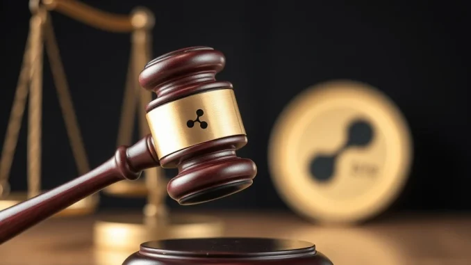 SEC Ripple Lawsuit: Historic Conclusion Reached A gavel striking, symbolizing the historic conclusion of the SEC Ripple lawsuit, with XRP branding.