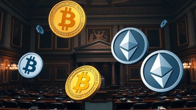U.S. Senate debates crypto tax provisions in budget bill with Bitcoin symbols in background