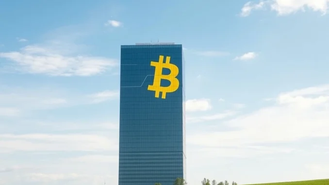Sequans' strategic expansion of Bitcoin holdings, depicted by a corporate building and a Bitcoin symbol, highlights its growing investment in cryptocurrency.