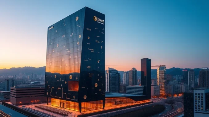 A modern South Korean corporate building rebranding to Bitplanet, symbolizing a major Bitcoin investment and corporate rebrand.
