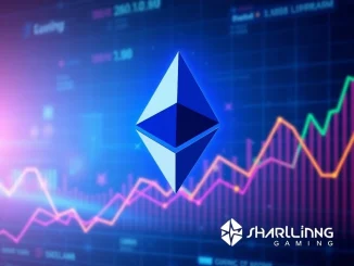 Sharplink Gaming's strategic **Ethereum acquisition** visualized by the ETH logo and an ascending financial chart, representing significant corporate crypto investment.