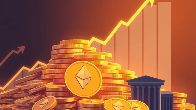 An illustration of SharpLink Gaming's financial success through Ethereum staking, depicting ETH coins and growth charts.