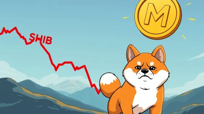 SHIB price chart declining, with a rising MAGACOIN logo symbolizing the intensifying meme coin competition in the crypto market.