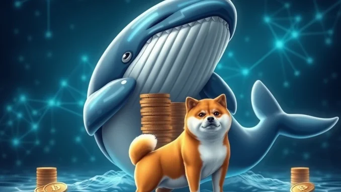 An illustration depicting a massive digital whale holding a disproportionate amount of Shiba Inu tokens, symbolizing SHIB decentralization concerns.
