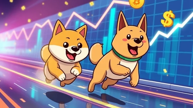 A Shiba Inu and Dogecoin racing, symbolizing the competitive surge in meme coin values and highlighting Shiba Inu's potential.