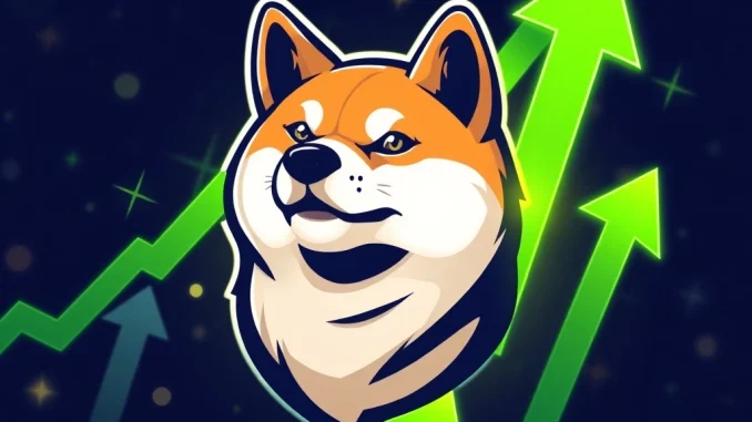 Shiba Inu dog symbolizing the crypto's surging price, with upward trends and blockchain elements, representing strong Shiba Inu technicals and ecosystem growth.