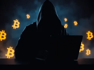 Shadowy figure silently buying Bitcoin in a dark room with glowing BTC symbols