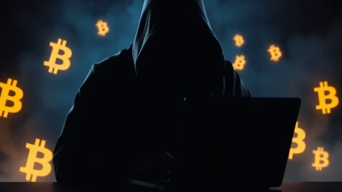 Shadowy figure silently buying Bitcoin in a dark room with glowing BTC symbols