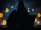 Shadowy figure silently buying Bitcoin in a dark room with glowing BTC symbols
