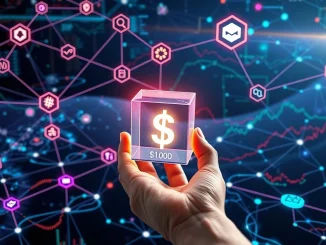 A hand holding a digital dollar sign cube, symbolizing a smart cryptocurrency to buy investment, against a background of interconnected blockchain nodes representing long-term crypto value.
