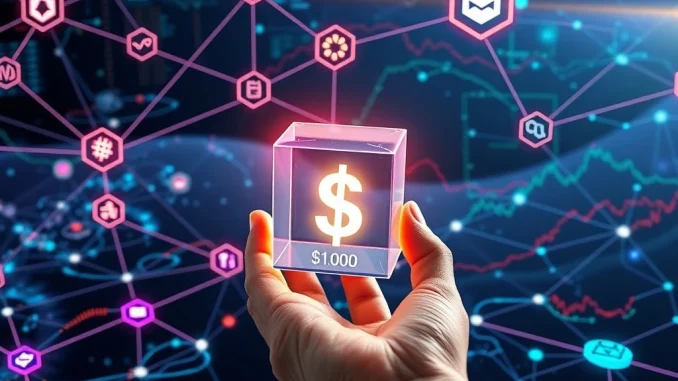 A hand holding a digital dollar sign cube, symbolizing a smart cryptocurrency to buy investment, against a background of interconnected blockchain nodes representing long-term crypto value.
