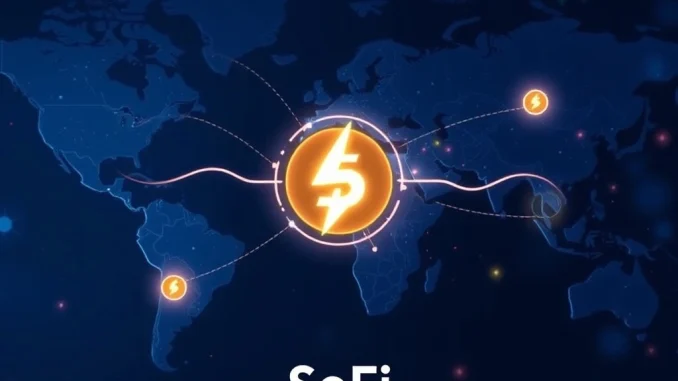 SoFi integrating Bitcoin Lightning Network for efficient cross-border remittances, symbolizing global financial connectivity.