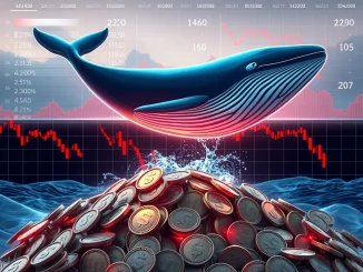 A large whale icon pushing down a Solana (SOL) coin, representing significant SOL selling pressure from major holders on crypto exchanges.