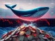 A large whale icon pushing down a Solana (SOL) coin, representing significant SOL selling pressure from major holders on crypto exchanges.