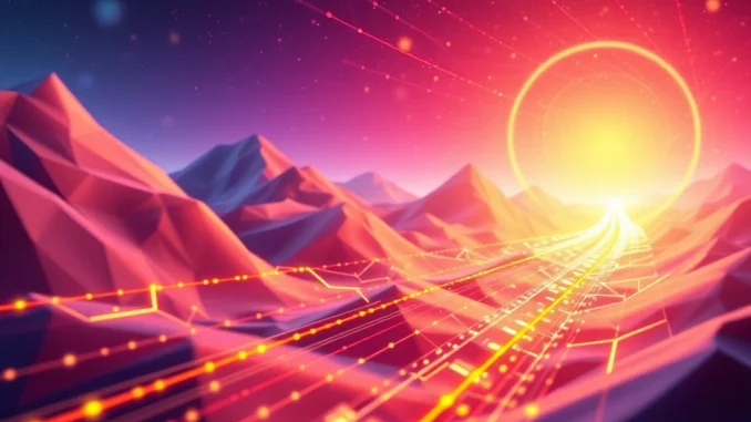 A visual representation of Solana's Alpenglow upgrade, showing data flow accelerating through a network, symbolizing enhanced Solana speed.