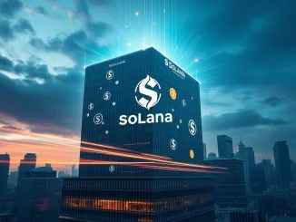 Cemtrex's significant Solana corporate adoption, represented by a digital currency symbol merging with a corporate building, highlighting institutional crypto investment.