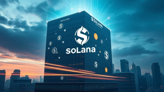 Cemtrex's significant Solana corporate adoption, represented by a digital currency symbol merging with a corporate building, highlighting institutional crypto investment.