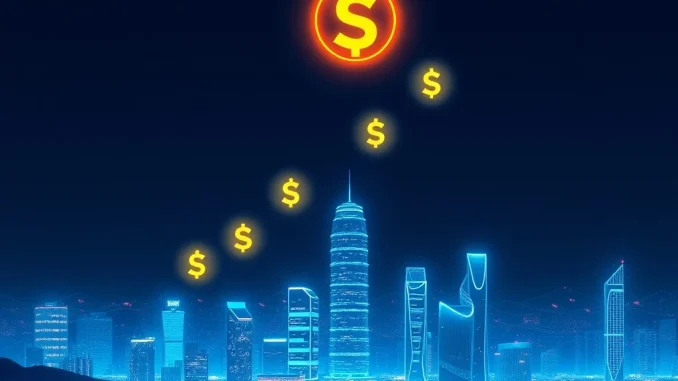 A futuristic visualization of Solana coins growing in value by 2026, depicting the potential of the Solana blockchain.