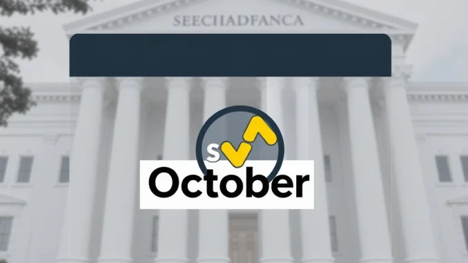 A calendar showing October highlighted, symbolizing the **Solana ETF** decision delay by the SEC, indicating future investment opportunities.