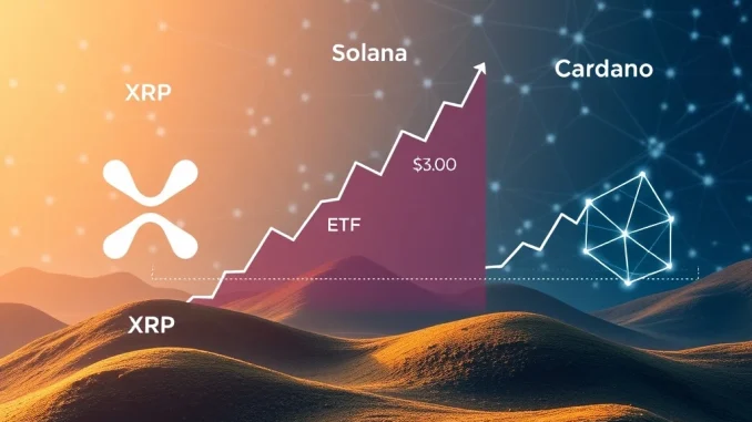 Visualizing XRP price stability, Solana ETF momentum, and Cardano's market resistance, shaping altcoin trends.