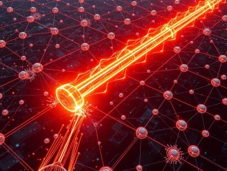 An abstract visualization of Solana Firedancer's potential to enhance Solana speed, depicting data flow encountering architectural limits in a decentralized network.